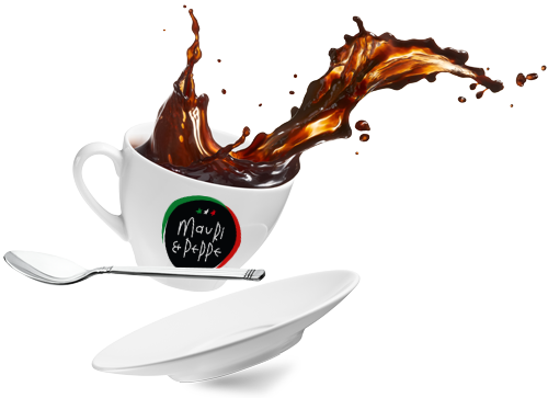Espressotasse mit Mauri e Peppe Logo und aufspritzendem Kaffee